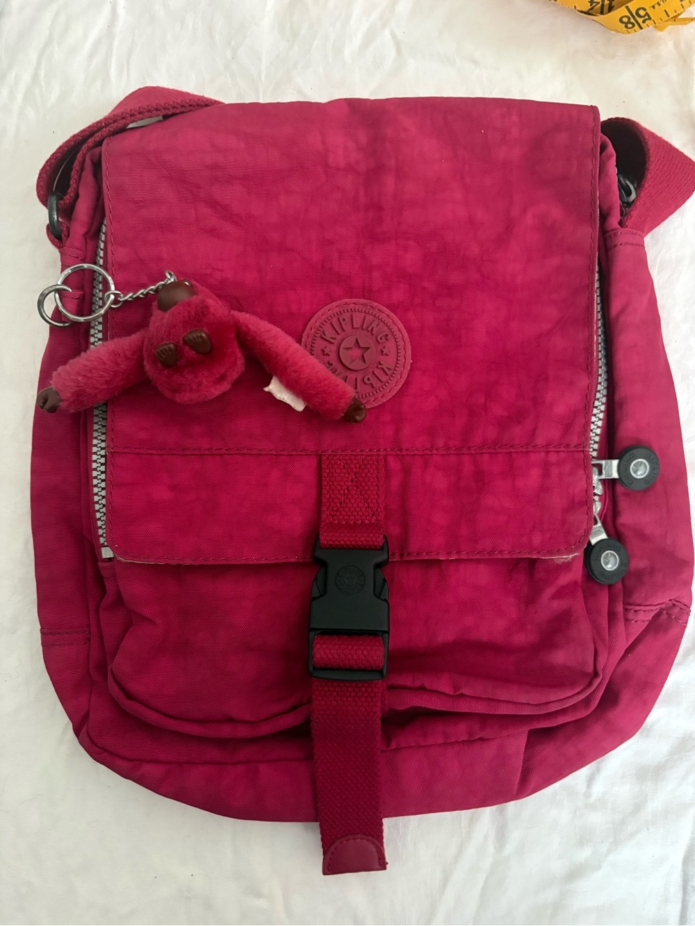 Kipling Hot Pink Nylon Crossbody Backpack with Monkey Charm